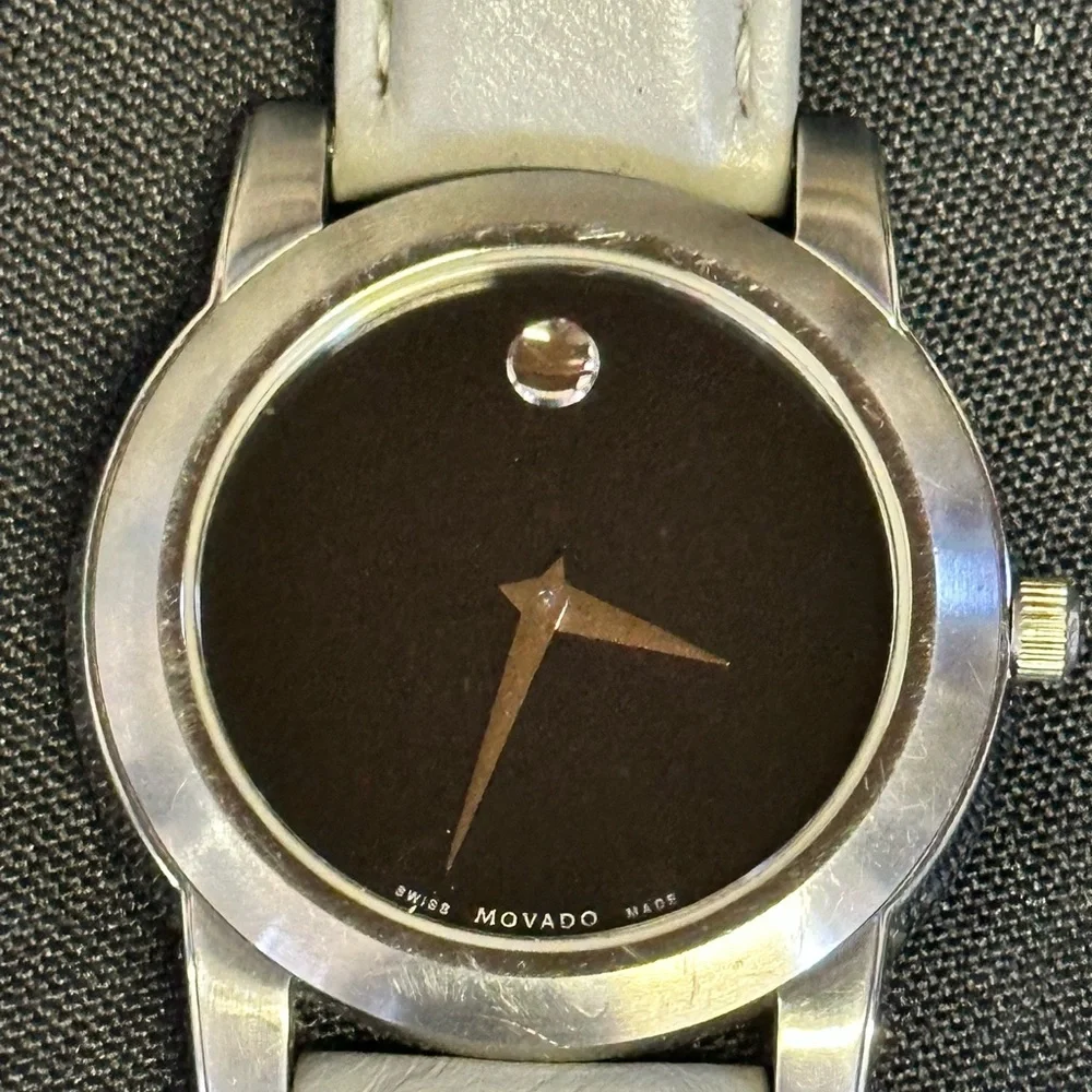 Movado Black Face Watch with Gray Leather Band 🖤